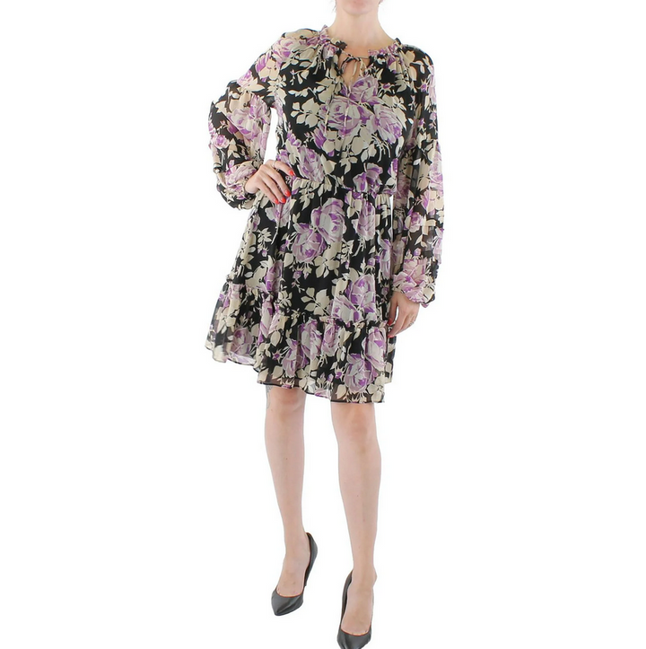 Ralph Lauren Floral Crinkle Georgette Tie Neck Dress