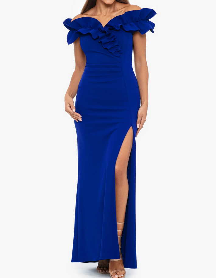 XSCAPE Plus Size Ruffled Off-The-Shoulder Ruched Gown