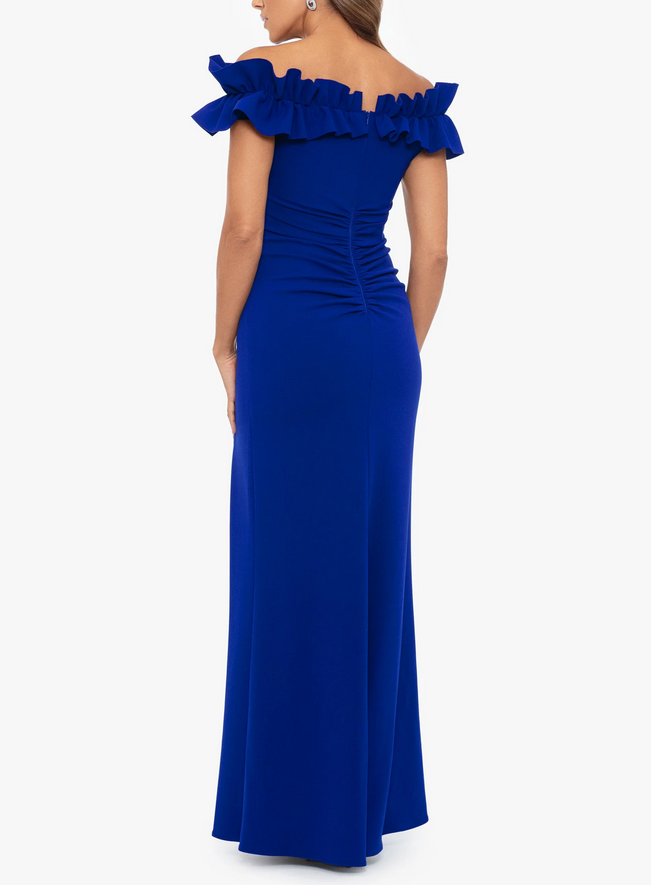 XSCAPE Plus Size Ruffled Off-The-Shoulder Ruched Gown