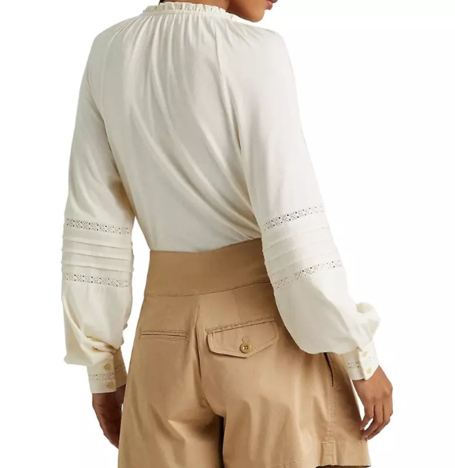 LAUREN RALPH LAUREN Embroidered Jersey Tie-Neck Top