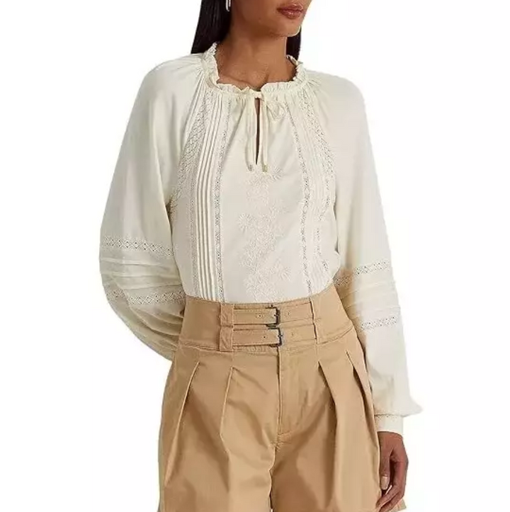 LAUREN RALPH LAUREN Embroidered Jersey Tie-Neck Top