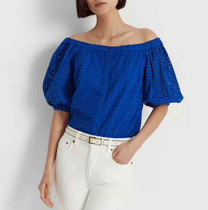 LAUREN RALPH LAUREN Plus Size Eyelet Cotton Off-the-Shoulder Blouse