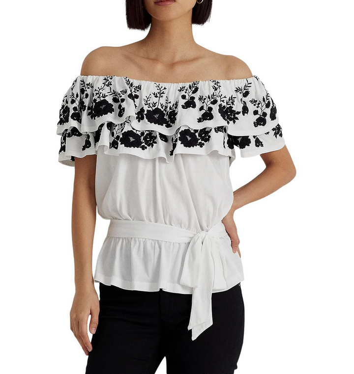 LAUREN RALPH LAUREN Embroidered Jersey Off-the-Shoulder Top