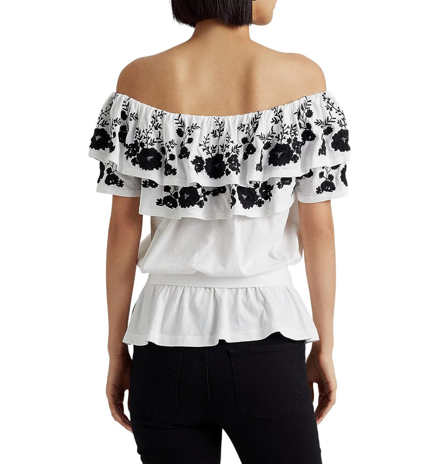 LAUREN RALPH LAUREN Embroidered Jersey Off-the-Shoulder Top