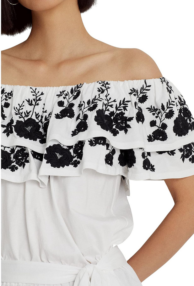 LAUREN RALPH LAUREN Embroidered Jersey Off-the-Shoulder Top