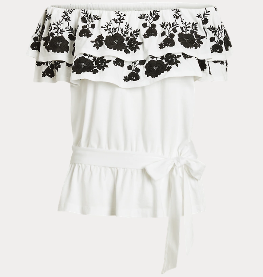 LAUREN RALPH LAUREN Embroidered Jersey Off-the-Shoulder Top