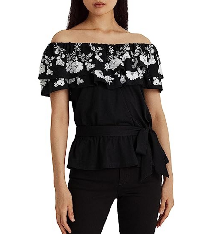 LAUREN RALPH LAUREN Embroidered Jersey Off-the-Shoulder Top