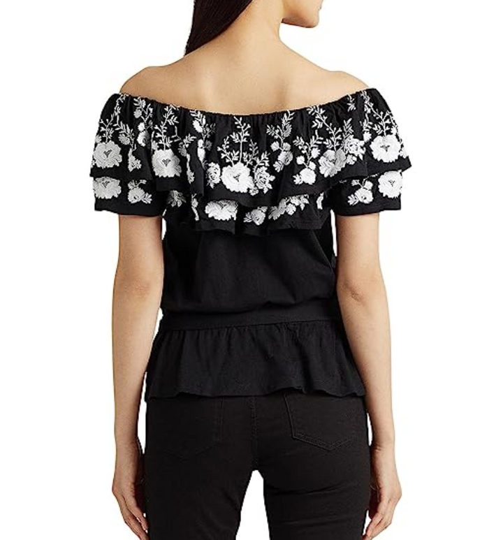 LAUREN RALPH LAUREN Embroidered Jersey Off-the-Shoulder Top
