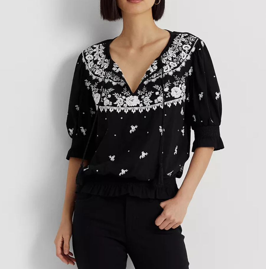 LAUREN RALPH LAUREN Tie-Neck Puffed Elbow Sleeve Top