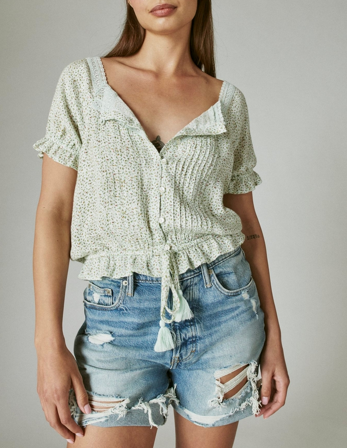 Lucky Brand Printed Button-Front Lace-Trim Top