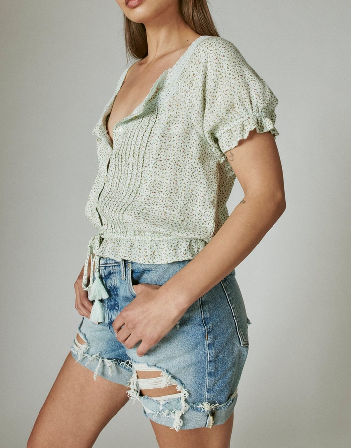 Lucky Brand Printed Button-Front Lace-Trim Top