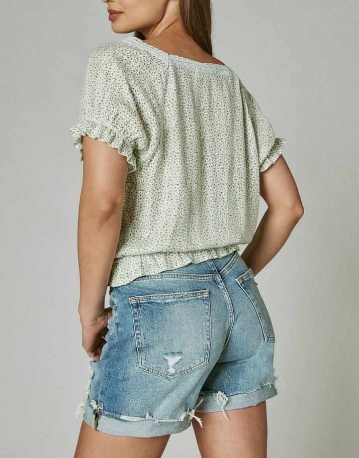 Lucky Brand Printed Button-Front Lace-Trim Top