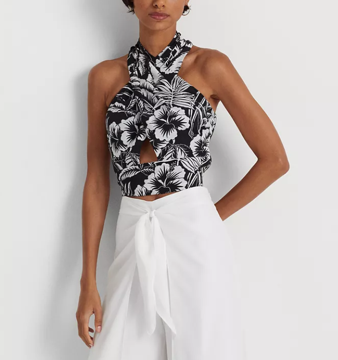 Ralph Lauren Floral Crepe Cropped Halter Blouse