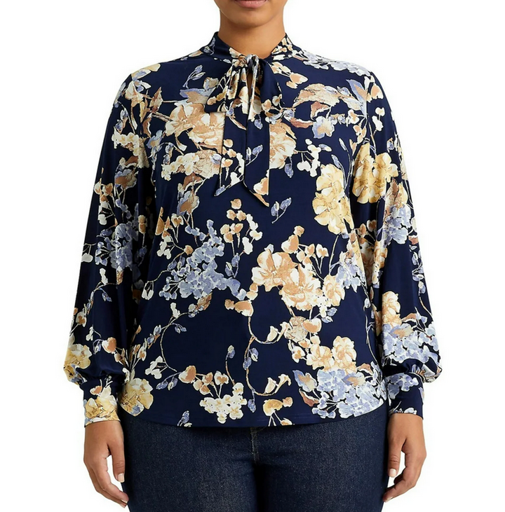 Ralph Lauren Floral Tie-Neck Stretch Jersey Top