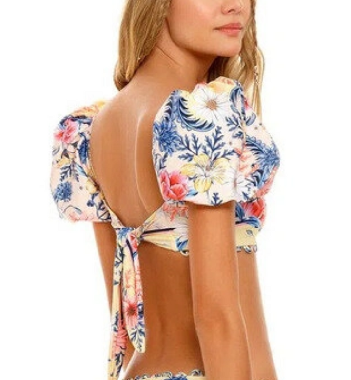 Agua Bendita Calista Tie Back Puffed Sleeve Swim Top
