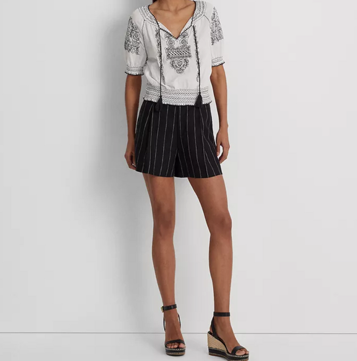 LAUREN RALPH LAUREN Pinstripe Pleated Linen Shorts