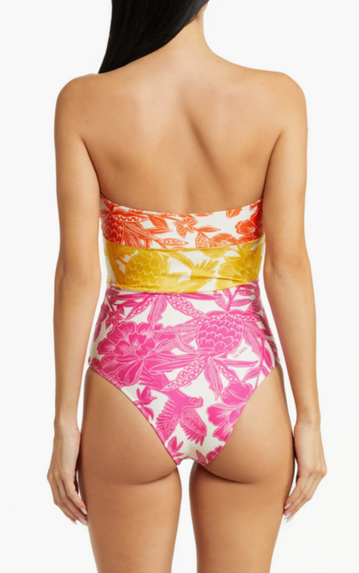 FARM Rio Tropical Woodcut Strapless Cutout One-Piece Swimsuit
