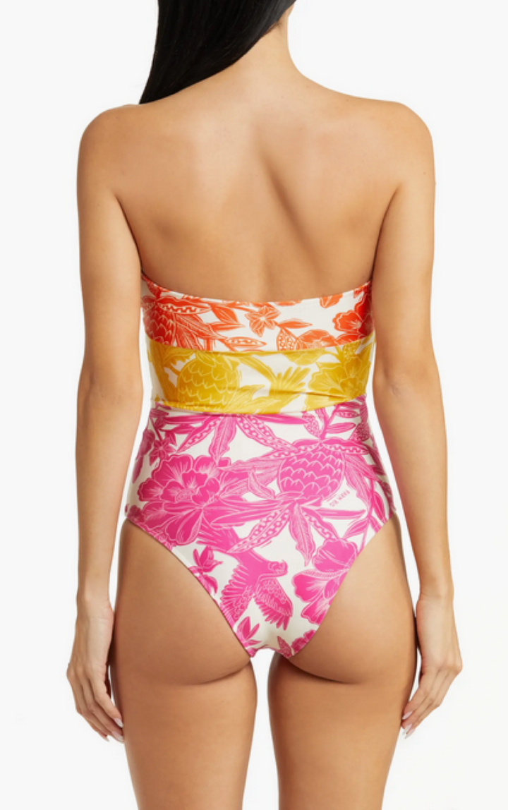 FARM Rio Tropical Woodcut Strapless Cutout One-Piece Swimsuit