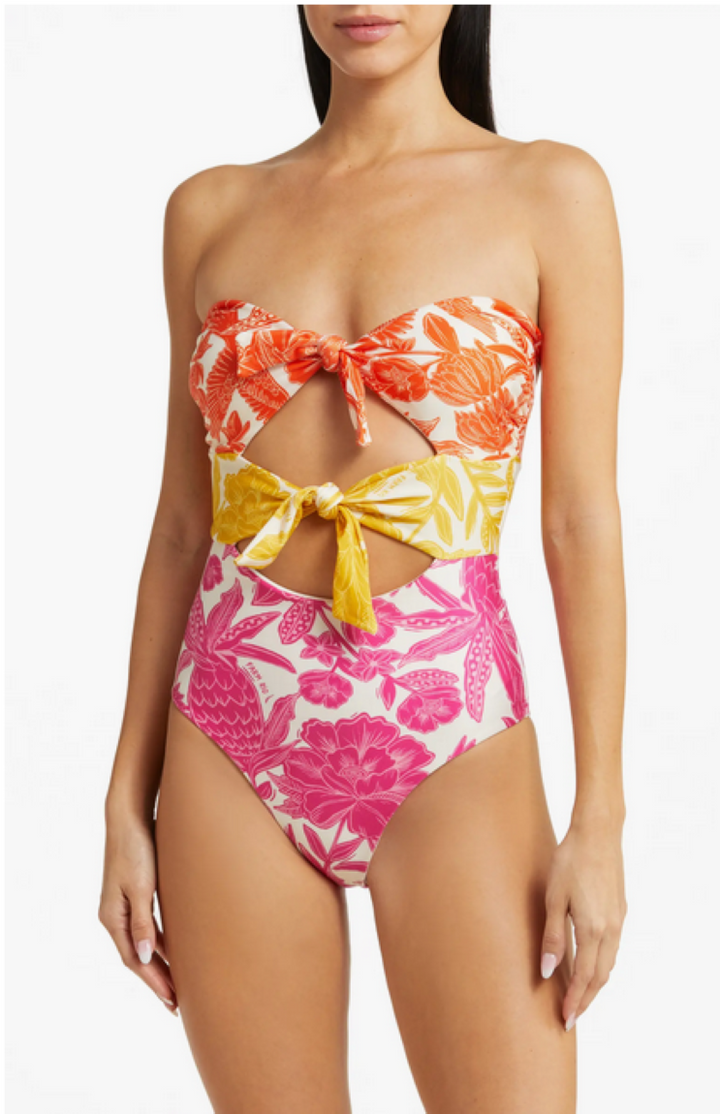 FARM Rio Tropical Woodcut Strapless Cutout One-Piece Swimsuit