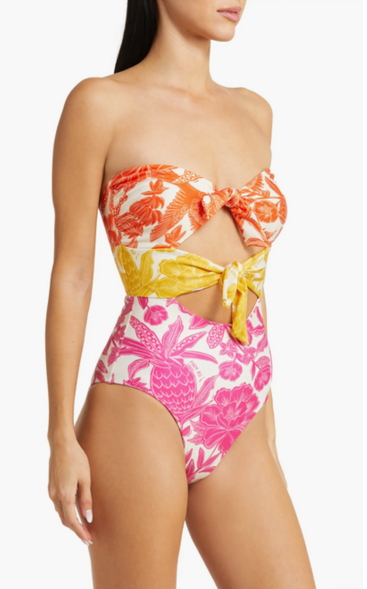 FARM Rio Tropical Woodcut Strapless Cutout One-Piece Swimsuit