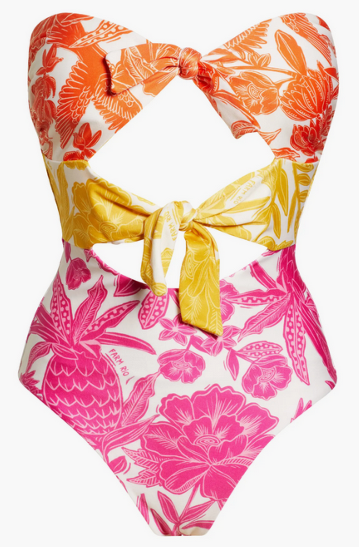 FARM Rio Tropical Woodcut Strapless Cutout One-Piece Swimsuit