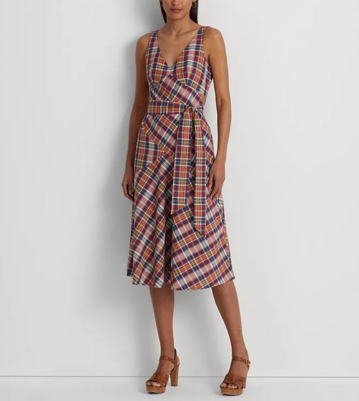 LAUREN RALPH LAUREN Belted Cotton Madras Sleeveless Dress