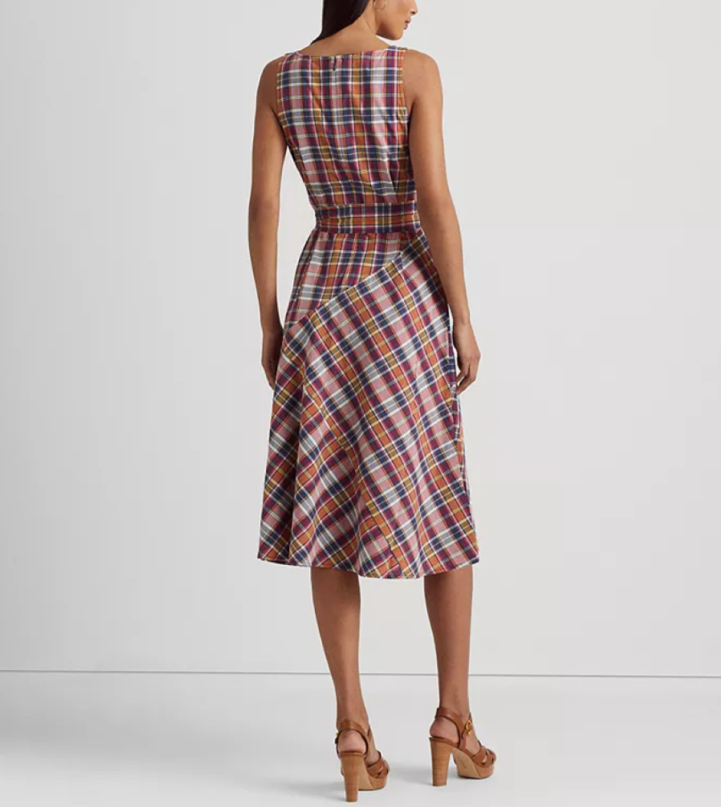 LAUREN RALPH LAUREN Belted Cotton Madras Sleeveless Dress