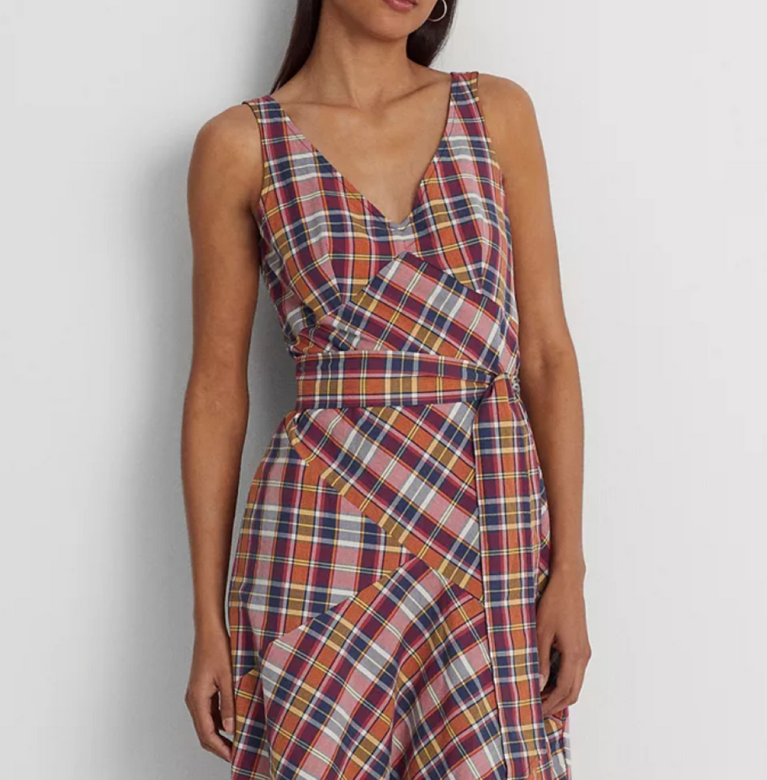 LAUREN RALPH LAUREN Belted Cotton Madras Sleeveless Dress