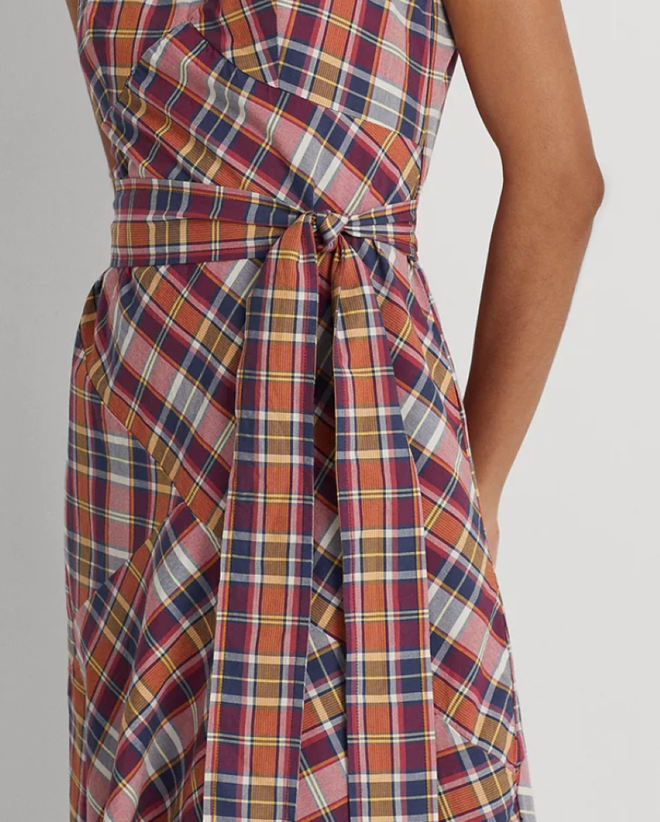 LAUREN RALPH LAUREN Belted Cotton Madras Sleeveless Dress