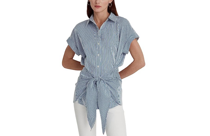 Lauren Ralph Lauren Striped Tie Front Cotton Broadcloth Shirt