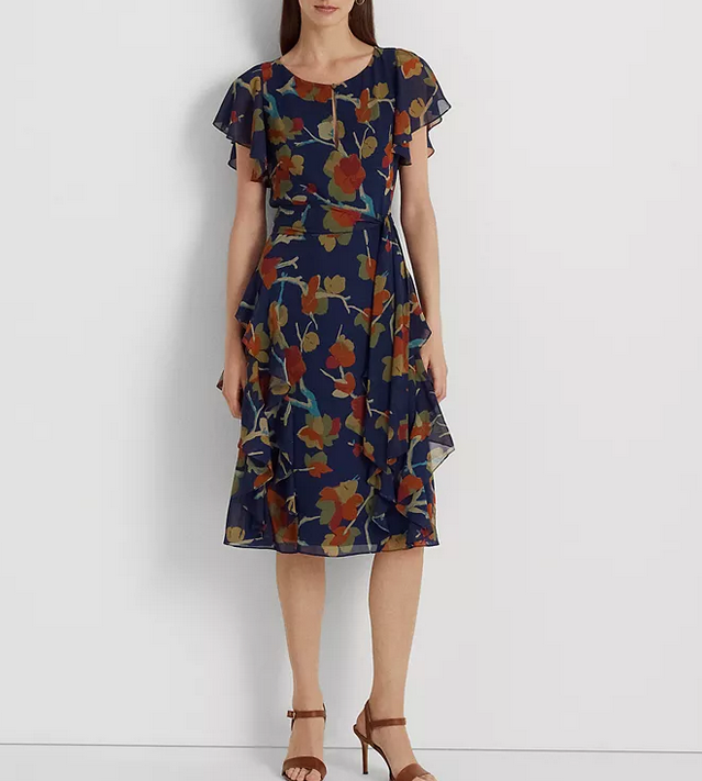 Lauren Ralph Lauren Floral Ruffle-Trim Georgette Dress