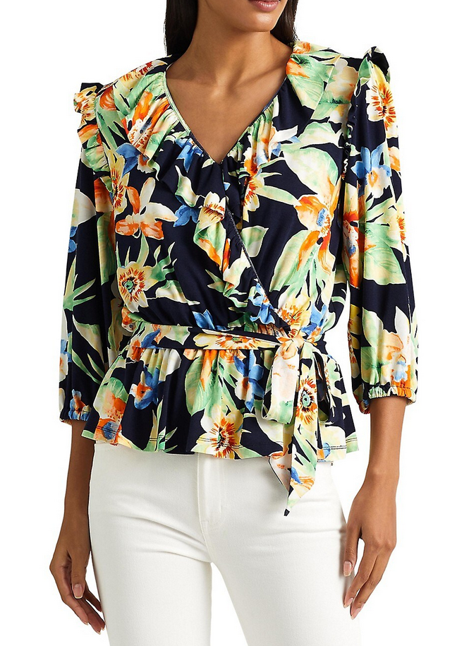 LAUREN RALPH LAUREN Floral Jersey Belted Peplum Top