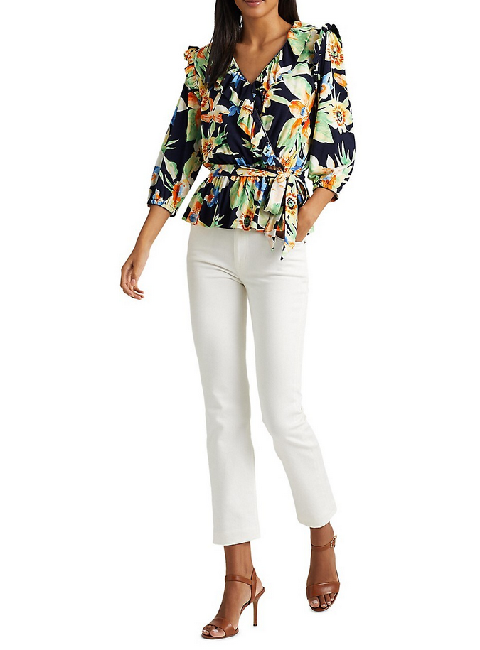 LAUREN RALPH LAUREN Floral Jersey Belted Peplum Top