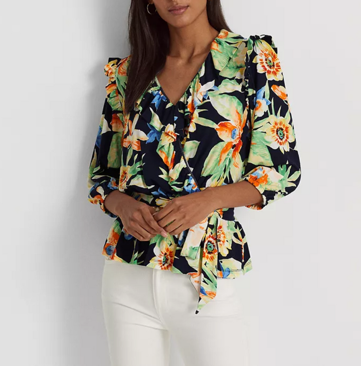 LAUREN RALPH LAUREN Floral Jersey Belted Peplum Top