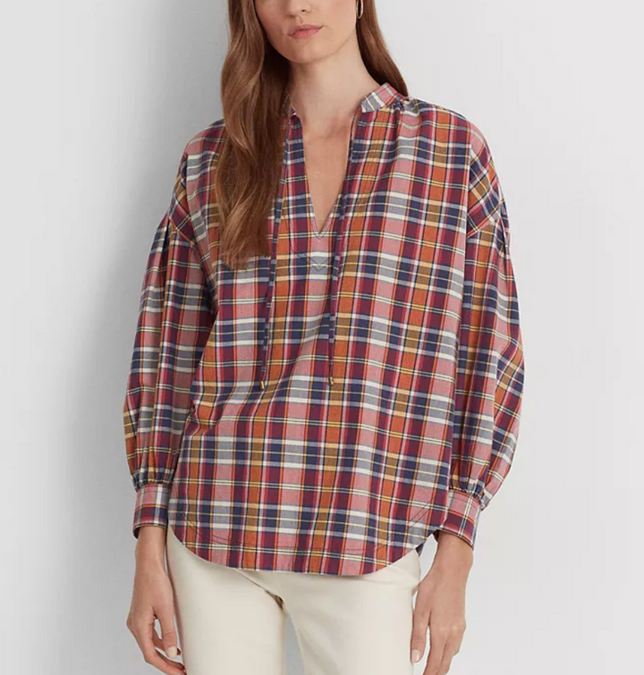 LAUREN RALPH LAUREN Cotton Madras Tie-Neck Blouse