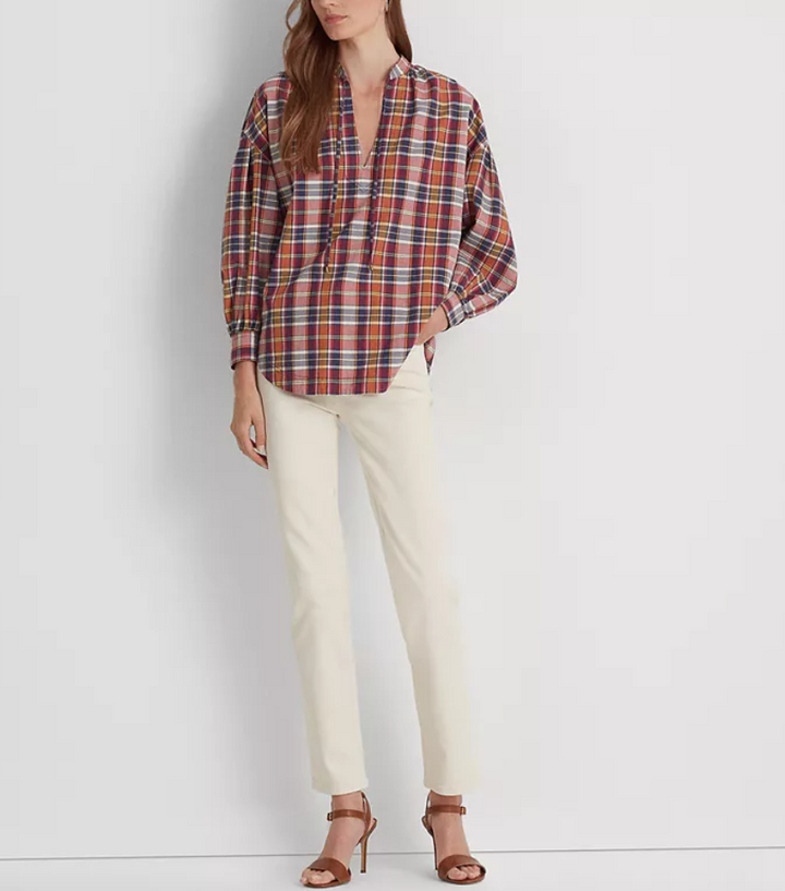 LAUREN RALPH LAUREN Cotton Madras Tie-Neck Blouse