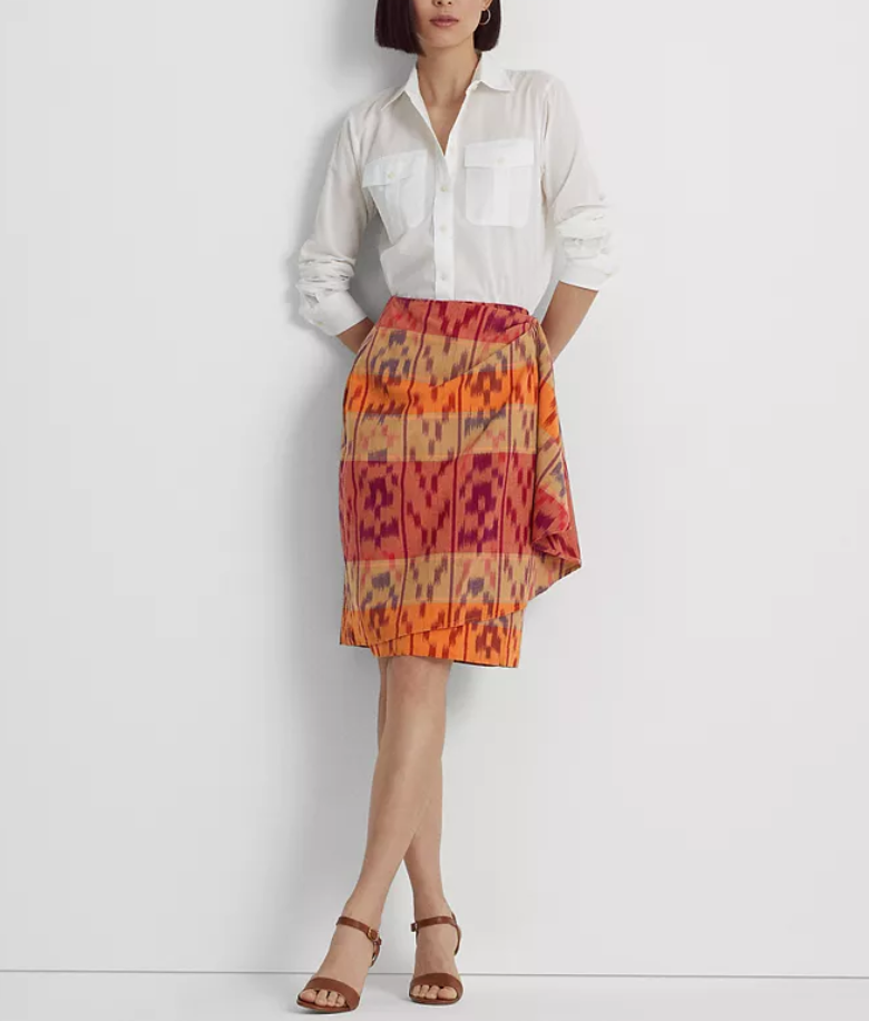 LAUREN RALPH LAUREN Petite Geo-Motif Cotton-Linen Wrap Skirt