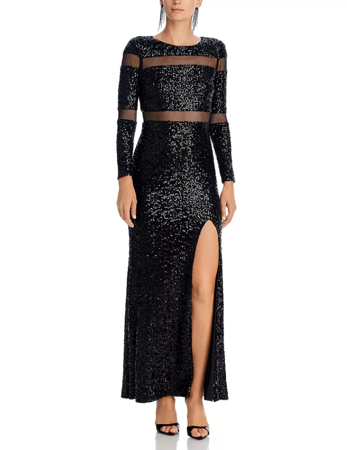 AQUA Long Sleeve Sequin Mesh Dress