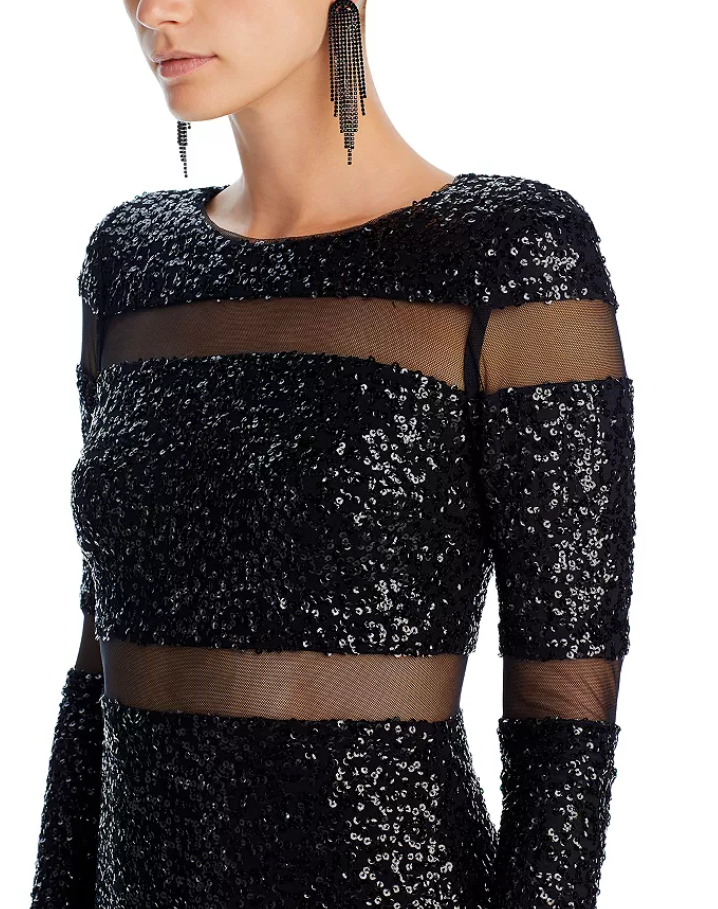 AQUA Long Sleeve Sequin Mesh Dress