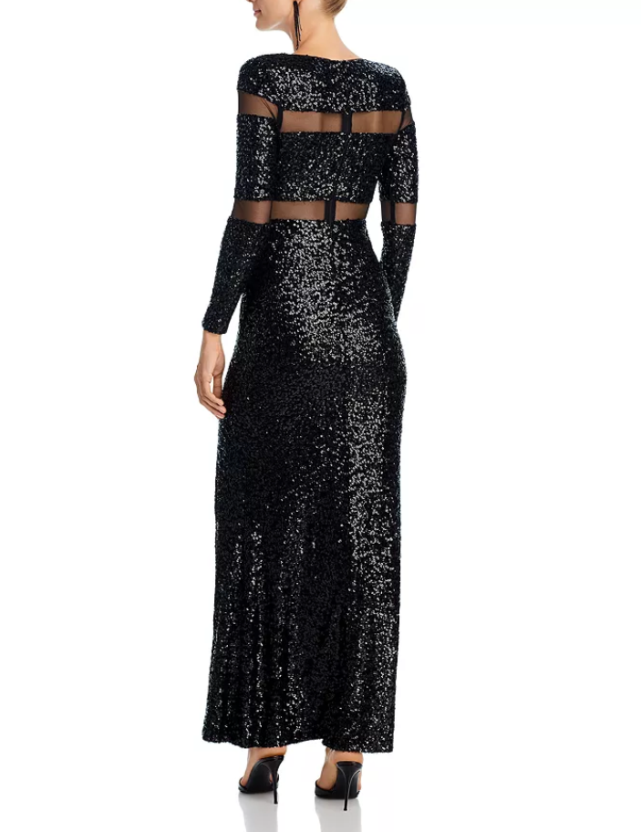 AQUA Long Sleeve Sequin Mesh Dress