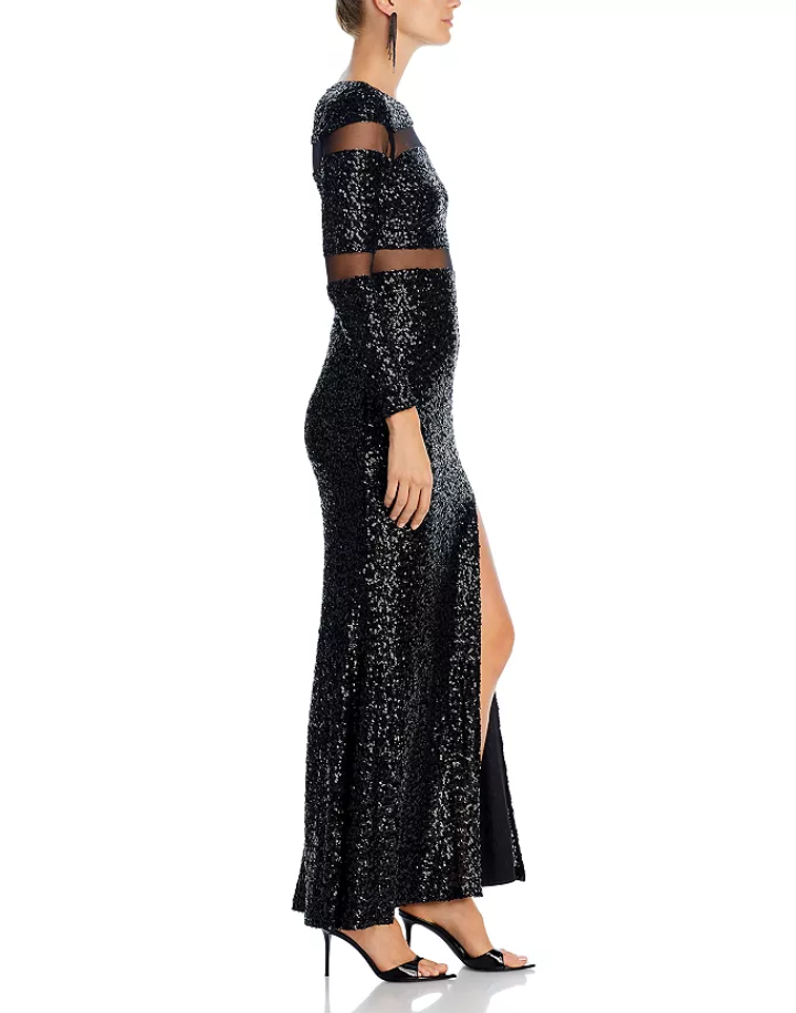 AQUA Long Sleeve Sequin Mesh Dress
