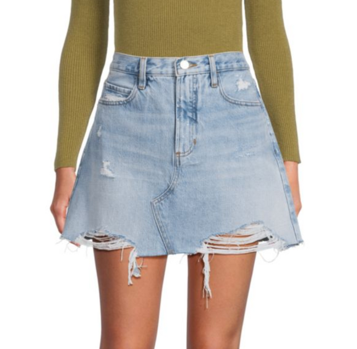 Frame Le High N Tight Distressed Denim Mini A Line Skirt