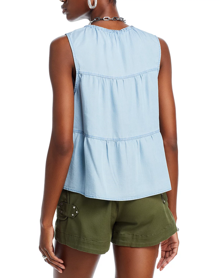 AQUA Chambray Split Neck Tiered Tank