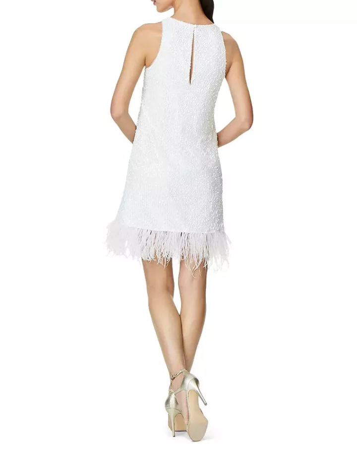Aidan by Aidan Mattox Halter Sequin Faux Feather Trim Trapeze Dress