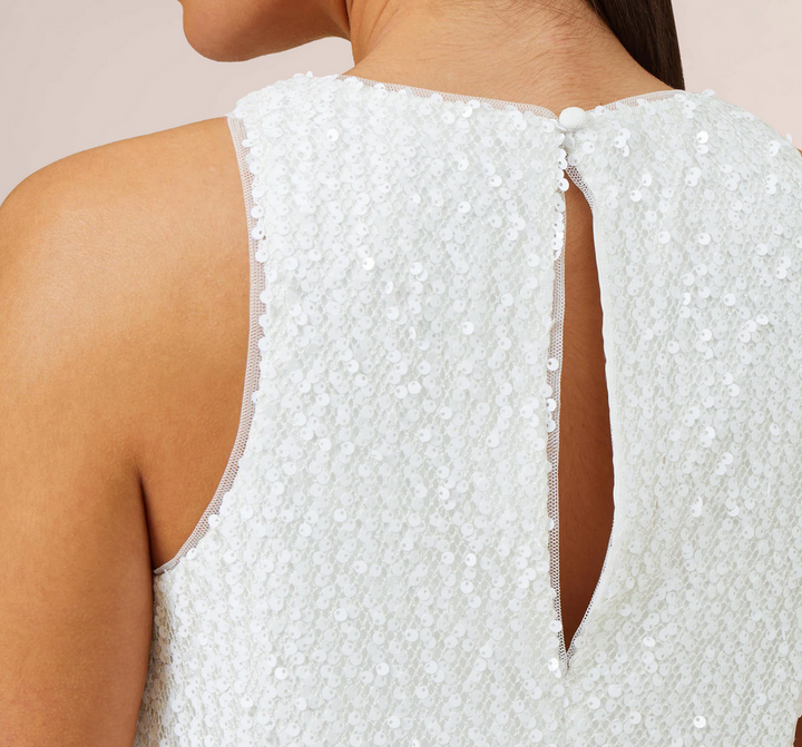 Aidan by Aidan Mattox Halter Sequin Faux Feather Trim Trapeze Dress