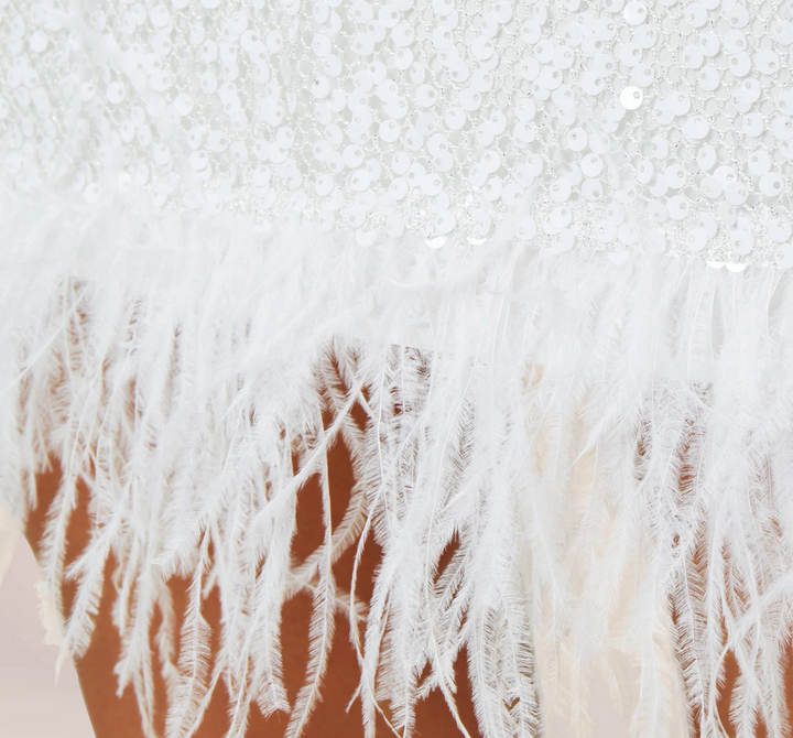 Aidan by Aidan Mattox Halter Sequin Faux Feather Trim Trapeze Dress