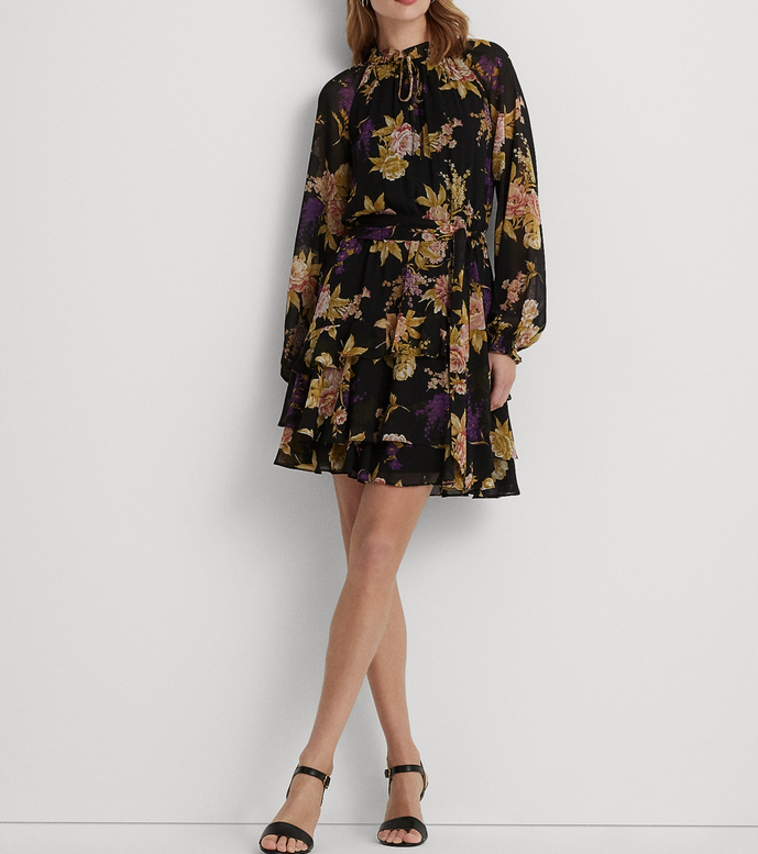 Ralph Lauren Floral Belted Crinkle Georgette Dress