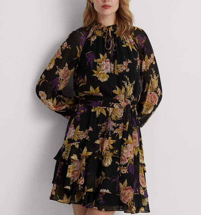 Ralph Lauren Floral Belted Crinkle Georgette Dress