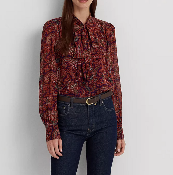 LAUREN RALPH LAUREN Paisley Georgette Tie-Neck Blouse
