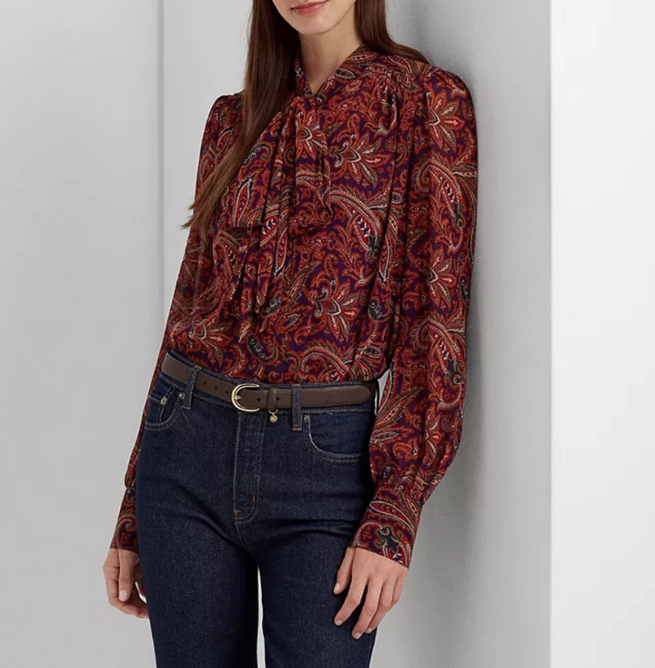 LAUREN RALPH LAUREN Paisley Georgette Tie-Neck Blouse